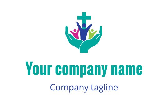 Teal and red logo featuring hands in a gold cross design for the Christian industry.